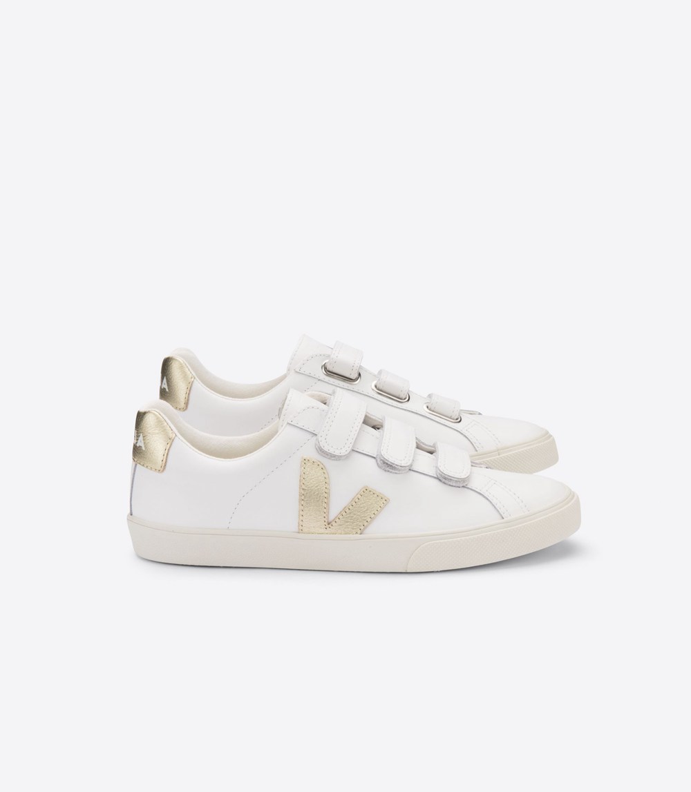 Veja Trainers Womens White/Gold - 3-lock Leather - GDAN-70492